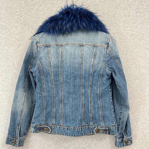 Driftwood Denim Jacket Womens Small Blue Faux Fur Collar Mob Wife Whimsigoth - Picture 2 of 11
